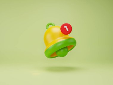Cute yellow green bell alarm popup notification reminder alert icon sign or symbol on UI social media or website 3D rendering illustration on green background