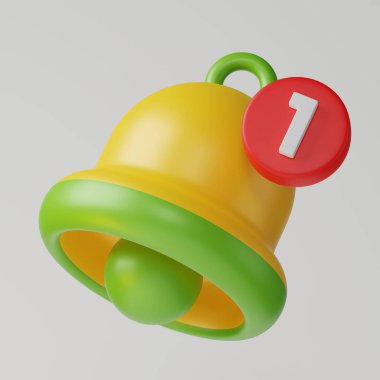 Cute yellow green bell alarm popup notification reminder alert icon sign or symbol on UI social media or website 3D rendering illustration