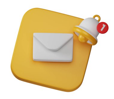 Envelope email with bell notification alert inbox sign icon on yellow board 3d rendering