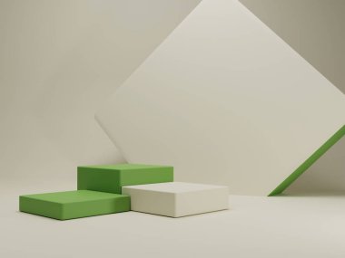 3D rendering green white minimal rectangular pedestal or podium for product showcase display with square panel. 3D mockup illustration