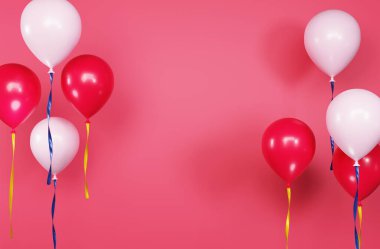 Doğum günü ve parti kutlama şablonu. Beyaz doğum günü balonları ile kırmızı arka plan 3D resimleme