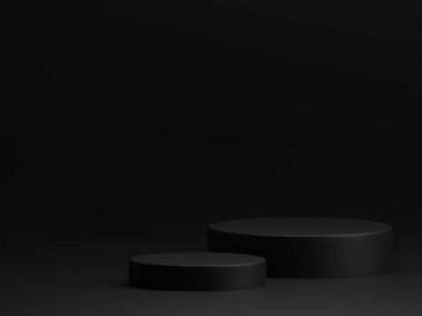 3D sunumu siyah arkaplanda en az ürün gösteren podyum
