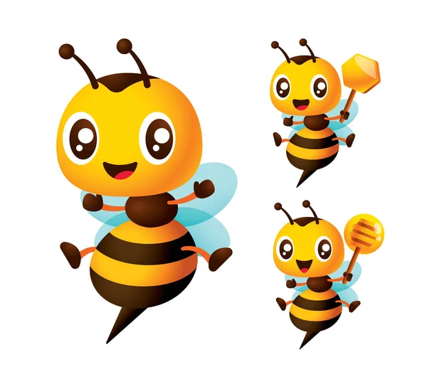かわいい蜂のマスコットセット漫画 ミツバチはハチミツのディップとハニカムサインを持っています キャラクターベクトルイラスト — ストックベクタ