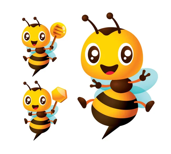 Cartoon Leuke Bij Karakter Set Gelukkige Honingbij Met Honingdipper Honingraatteken — Stockvector