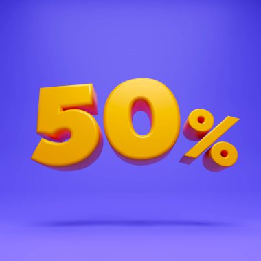 Menekşe arkaplanındaki% 50 'lik başlık işaretinin 3d illüstrasyonu