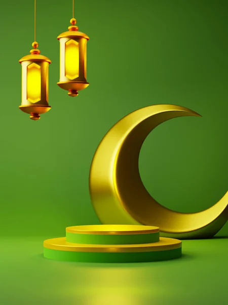 Wyświetlacz Produktu Renderowania Islamskiej Świątecznej Sprzedaży Półksiężyc Latarnie Wiszące Zielonym — Zdjęcie stockowe