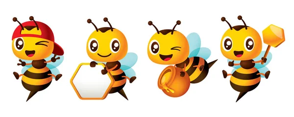 異なるポーズで漫画かわいい蜂の文字セットシリーズ かわいい蜂は蜂蜜のディップを保持し ハニカム看板やハニーポットは 平和の手のサインを表示します ベクターマスコットセットコレクション — ストック写真