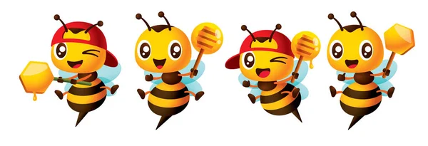 Cartoon Cute Bee Maskotka Zestaw Różnych Pozach Gospodarstwa Miód Dipper — Wektor stockowy