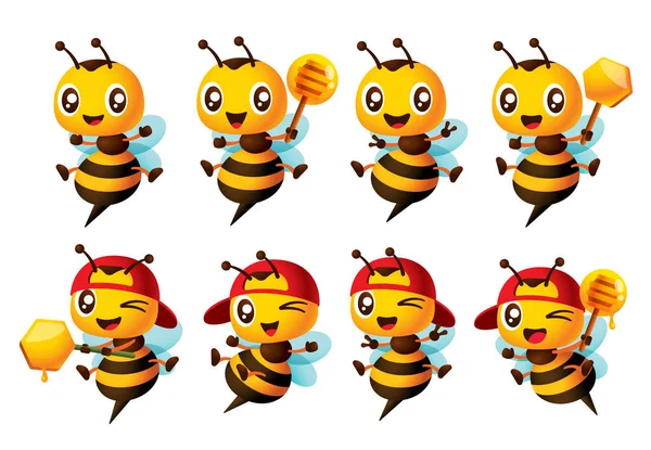 漫画のかわいい幸せな蜂の文字が異なるポーズで設定されます かわいい蜂は蜂蜜のドリッパーとハニカムスティックを保持し 勝利の手のサインを示しています ベクトル究極のマスコットセット — ストックベクタ