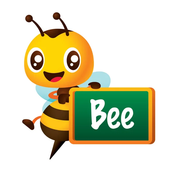 黒ボード上の漫画かわいい蜂の文字を指す 学校のテーマに戻る 漫画マスコットイラスト — ストックベクタ