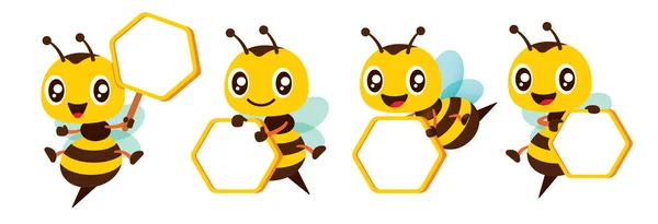 空のハニカム形状の看板を持つ漫画の幸せな蜂の文字のセット 環境コンセプトベクトルフラットデザインを保護する — ストックベクタ