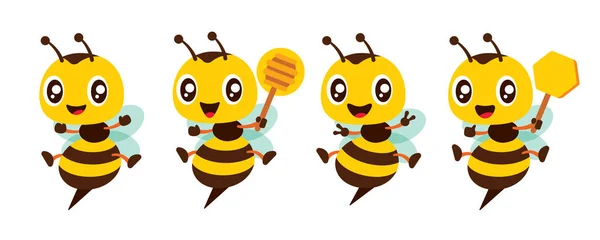 漫画かわいい蜂で異なるポーズマスコットセット保持ハニカム ハニーディッパーと勝利のサインジェスチャーイラストコレクションフラットデザインベクトル — ストックベクタ