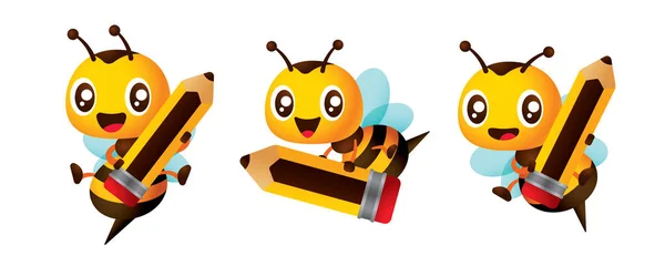 Колекція Мультфільм Мила Бджола Тримає Олівець Назад Шкільної Освіти Векторний — стоковий вектор