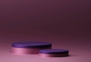 3D rendering elegant metallic rose pink rounded podium for product display on empty dark background. 3D mockup illustration