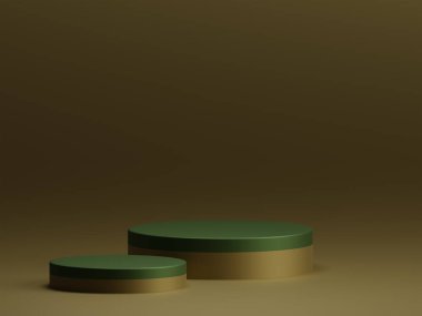 3D işlemeli koyu yeşil yüzey boş kahverengi arka planda ürün gösterimi için çift katlı podyum. 3 Boyutlu Örnekleme Çizimi
