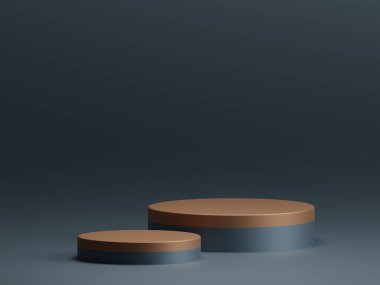 3D rendering elegant gold surface double rounded podium for product display on empty dark background. 3D mockup illustration