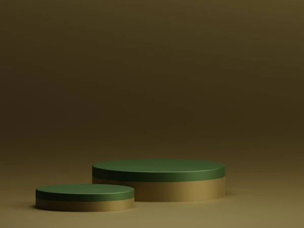 3D渲染豪华的深绿色表面双圆讲台 在空的棕色背景上展示产品 3D模型示例 — 图库照片