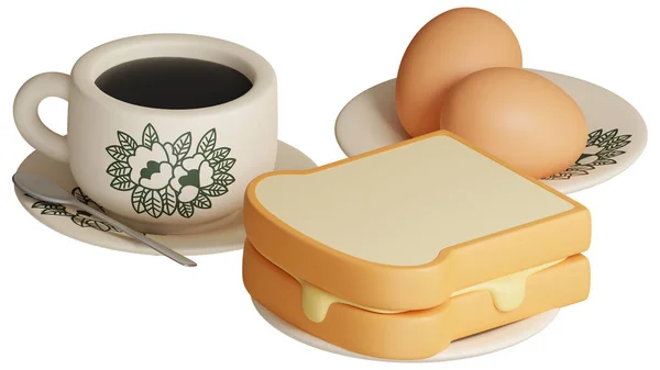 3D伝統的なオリエンタルスタイルのコーヒー 半分ゆで卵とバタートースト朝食セット ヴィンテージ南洋スタイルのコーヒーカップとプレート3Dレンダリングアイコンイラスト — ストック写真