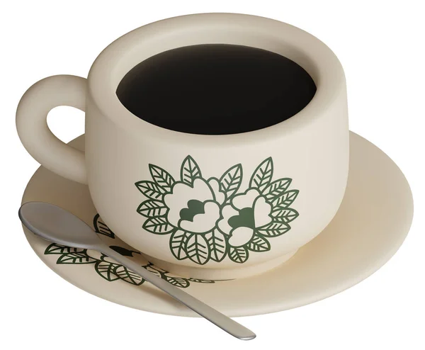 伝統的なオリエンタルスタイルのコーヒーをヴィンテージの花模様のカップとティースプーンのイラストアイコンがセットされたプレートで3Dレンダリング — ストック写真
