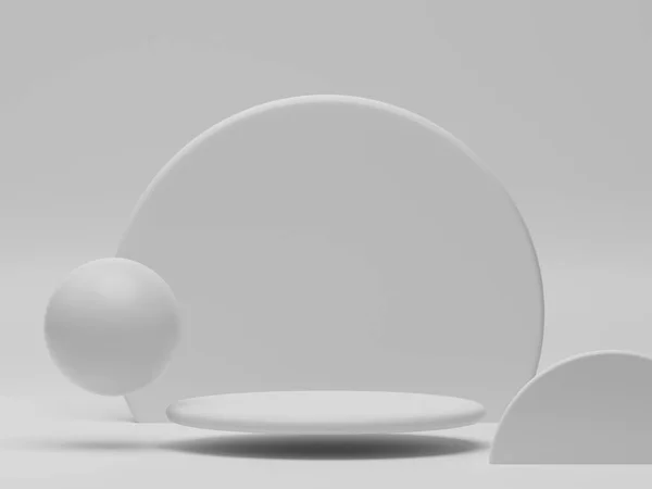 3D渲染最小的白色圆形产品平台在空背景显示 浮动球和圆形面板背景模型示例 — 图库照片