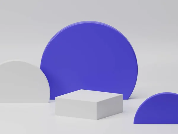 三维渲染最小的白色正方形基座或平台的产品展示与紫色面板和浮动球的空背景 3D模型示例 — 图库照片