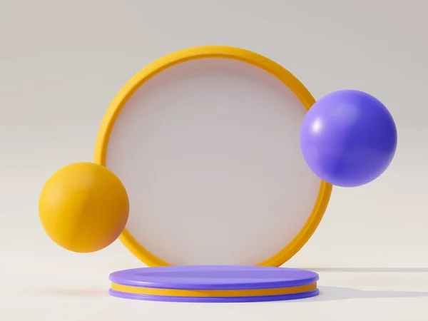 三维渲染最小橙色紫色圆形基座或平台的产品展示与大面板和浮动球的空白白色背景 3D模型示例 — 图库照片