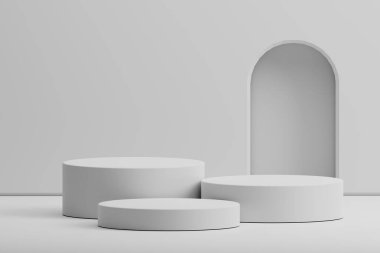3D görüntüleme minimal beyaz temalı silindir podyum ürün görüntüsü ve ark duvar arkaplanı. 3 Boyutlu Örnekleme Çizimi