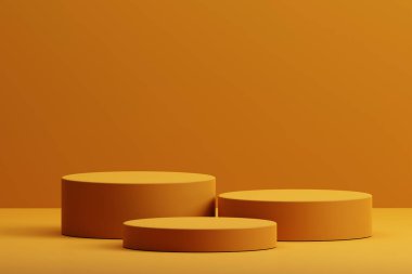 3D portakal rengi minimal konsept üçlü silindir kaidesi ya da boş arkaplanda ürün vitrini görüntüsü için podyum. 3 Boyutlu Örnekleme Çizimi