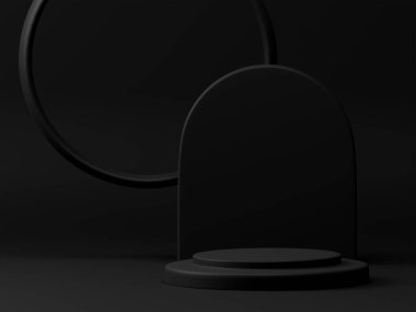 3D görüntüleme minimal siyah tema ürün temel podyum daire duvar paneli boş arkaplan. 3B vitrin modeli