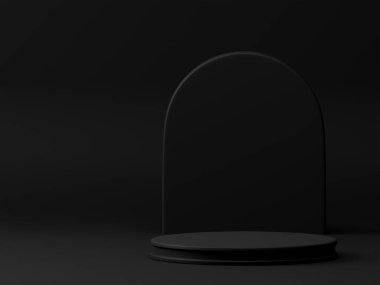 Ürün vitrininde, boş arkaplanda duvar paneli olan lüks siyah temalı silindir kaidesi ya da podyum sunuyor. 3 Boyutlu Örnekleme Çizimi
