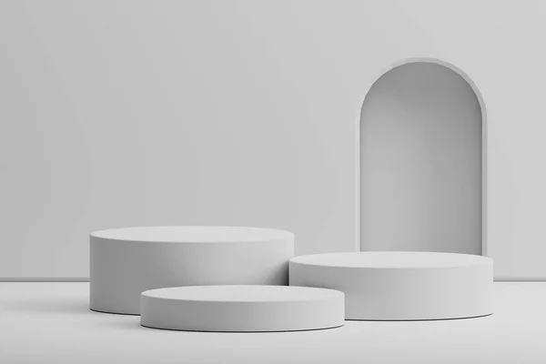 三维渲染最小的白色主题圆筒平台产品显示与弧壁背景 3D模型示例 — 图库照片