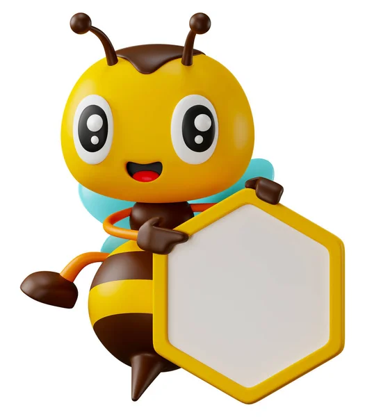 3D rendering cartoon cute bee hand pointing on empty honeycomb shaped signboard illustration