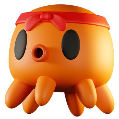 Kırmızı bantlı şirin deniz hayvanı ahtapotu çizgi film karakteri çizimi.