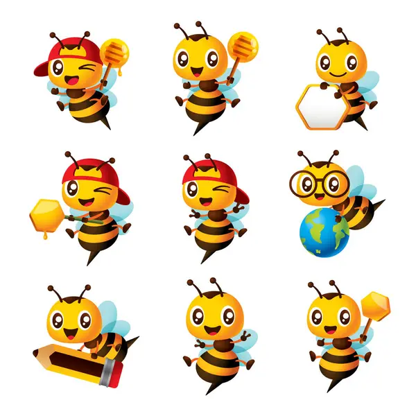 Cartoon Cute Bee Mascot Set Cartoon Cute Bee Showing Different — Stock Vector