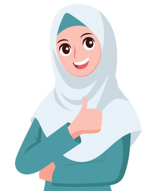 Gülümseyen tesettür Müslüman kadın vektör düz illüstrasyonunu onayladı