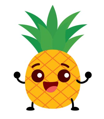 Şirin, mutlu, enerjik ananas meyveli çizgi film karakteri illüstrasyon vektör maskotu.