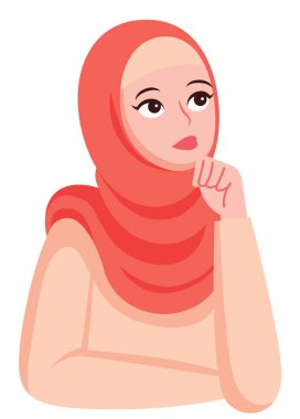 Ciddi yüzlü, düşünceli, el hareketi çizimi yapan Müslüman bir kadın.