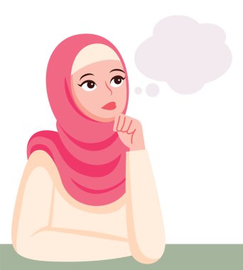 Müslüman kadın, boş baloncuk konuşma örnekleriyle el hareketi yapmayı düşünüyor.