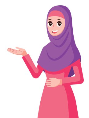 avuç içi poz veren güzel müslüman genç bayan çizimi. Vektör düz tasarımı