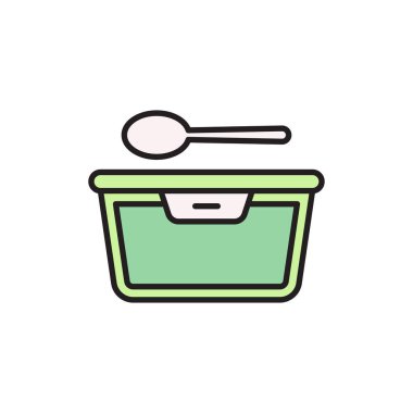 Food box and spoon filled color icon. Take away food container linear style sign for mobile concept and web design