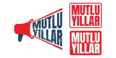 megaphone Happy New Year (Mutlu Yillar - Yeni Yiliniz Kutlu Olsun) Greeting Stamp in Turkish red grunge texture vector graphic