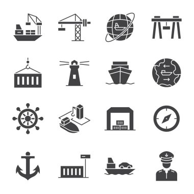 Seaport, icon set. Equipment for the shipping industry. Marine port and freight vessels. Logistic. Glyph style