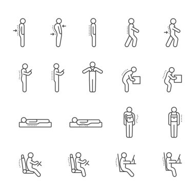 Güzel duruş ikonu seti. Ergonomik. Doğru insan duruşu. Çizgi