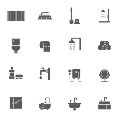 Banyo ve hijyenik ekipman glifleri ayarlandı. Doğrusal biçim sembolleri koleksiyonu, kabartma işaretleri paketi. Vektör grafikleri. Set, tuvalet fırçası olarak simgeleri, su musluğu, küvet, duş kabini olarak lavaboyu içerir