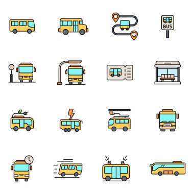Otobüs doldurulmuş renk simgesi seti. Mobil konsept ve web tasarımı için doğrusal biçim işareti. Otobüs simgesi kümesi vektörü. Sembol, logo çizimi. Vektör grafikleri