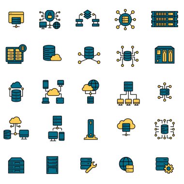 Merkezi sunucu simgesi seti, kabartma vektör işareti, beyaz üzerine izole edilmiş doğrusal resim. Sembol, logo çizimi. Piksel mükemmel