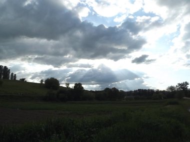 Gökyüzünde ağaçlar ve bulutlar olan manzara