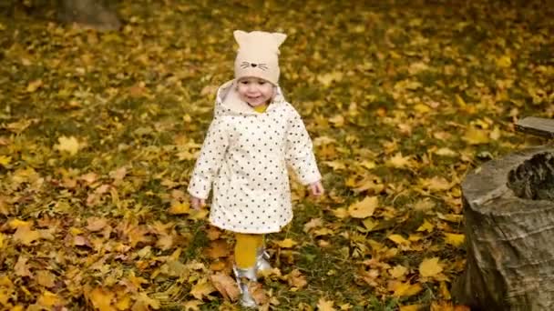 Uma Menina Uma Criança Corre Grama Coberta Com Folhas Outono — Vídeo de Stock
