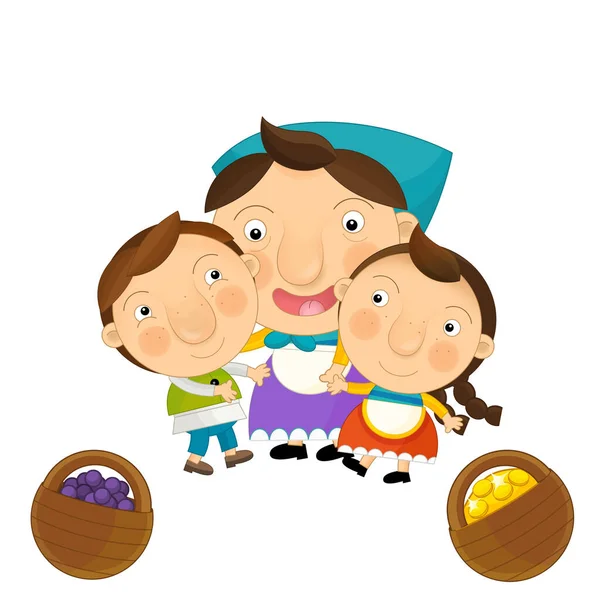 Cartone Animato Scena Felice Con Fattoria Famiglia Insieme Madre Bambini — Foto Stock
