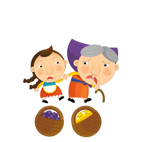 cartoon scene with older woman grandmother farmer and granddaughter girl vintage isolated illustation for kids